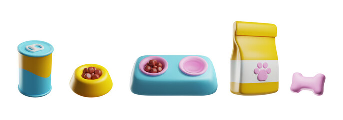 Feed pet bowls, food package bag, bone and metal can 3D vector icon set, cartoon pet care accessory, cat dog nutrition