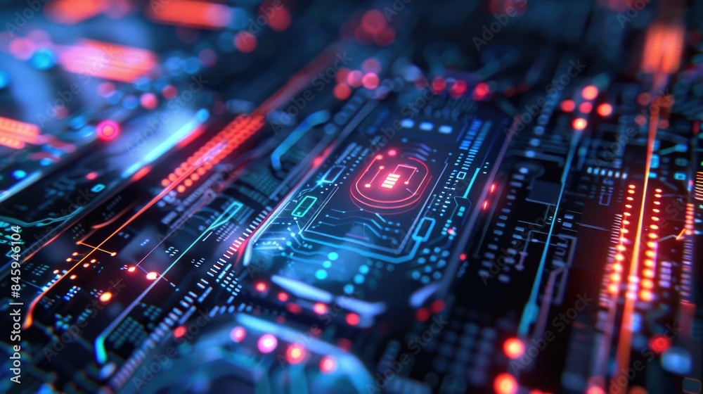 Poster a close-up view of a circuit board featuring red and blue led lights
