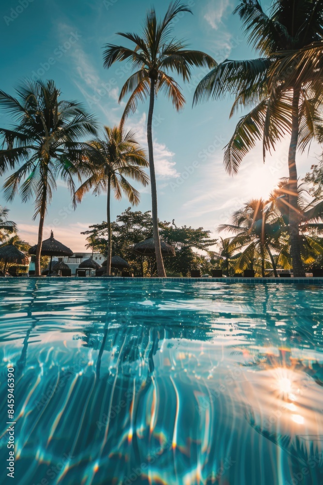 Poster a serene pool scene with palm trees in the background, suitable for travel or relaxation imagery