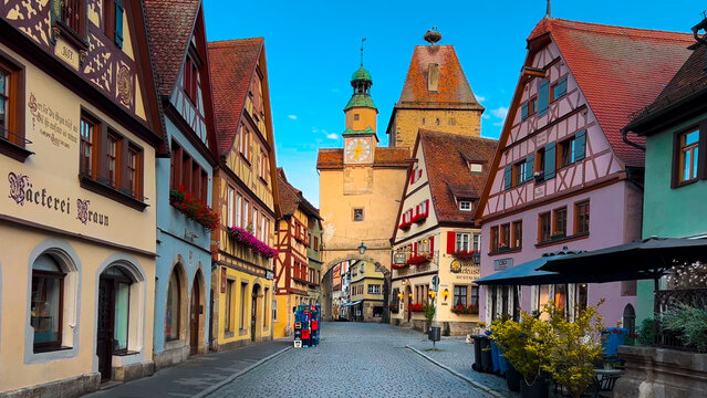German traditional architecture half-timbered houses in historical center Rothenburg ob der Tauber, Bavaria, Middle Franconia, Germany, July 17, 2023