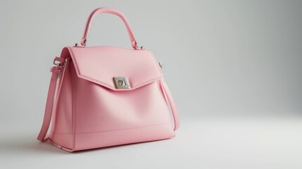 A pink purse sits on top of a white table, providing a pop of color and attention to detail