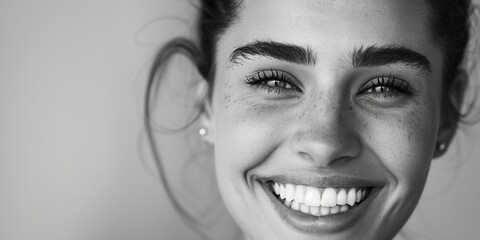 A portrait of a happy woman captured in black and white photography