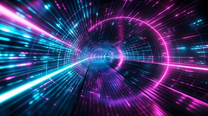 Futuristic 3D abstract background with glowing neon lines and intricate patterns, using a palette of electric blues, purples, and pinks against a deep black background.