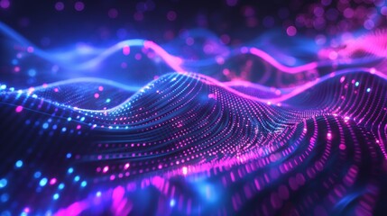 Futuristic 3D abstract background with glowing neon lines and intricate patterns, using a palette of electric blues, purples, and pinks against a deep black background.