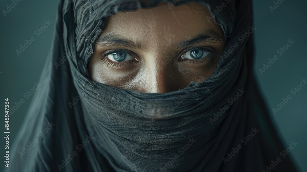 Poster A close-up shot of a person wearing a veil, ideal for use in scenes where identity is hidden or mysterious atmosphere is needed