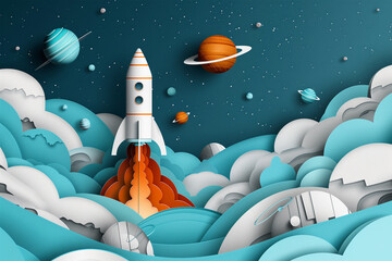 Rocket launching into space with abstract planets. Generative AI image