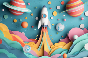 Colorful paper art style illustration of space exploration. Generative AI image