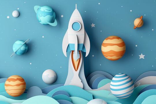 Stylized paper art space scene with rocket and planets. Generative AI image