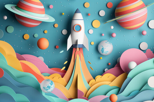 Colorful paper art style illustration of space exploration. Generative AI image