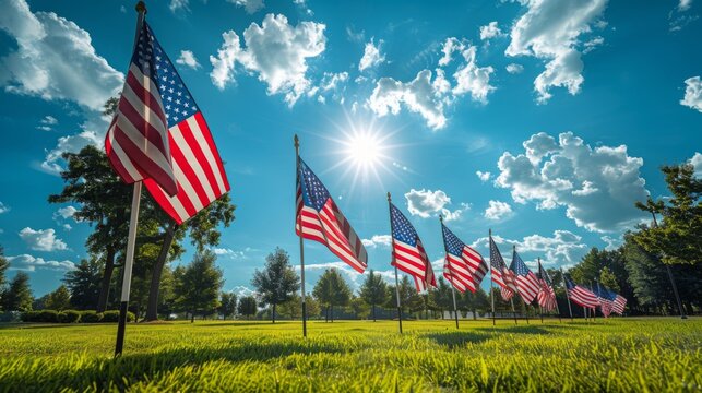 American Flags agains bleu sky with clouds Celebrations: Memorial Day, 4th of July - Powered by Adobe