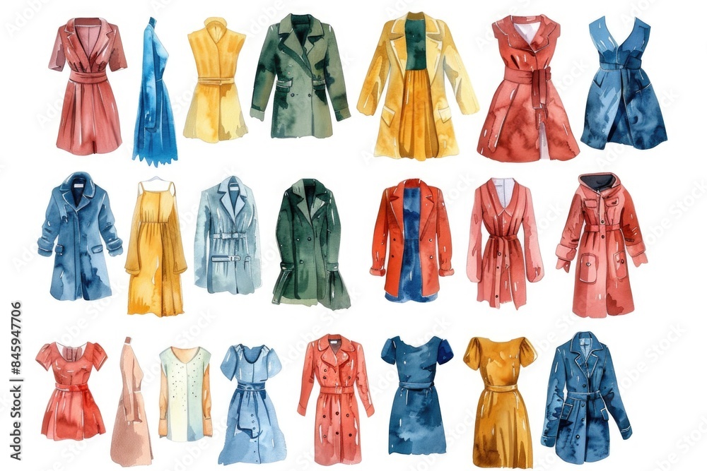 Poster a collection of dresses with different colors arranged on a white background, suitable for fashion o