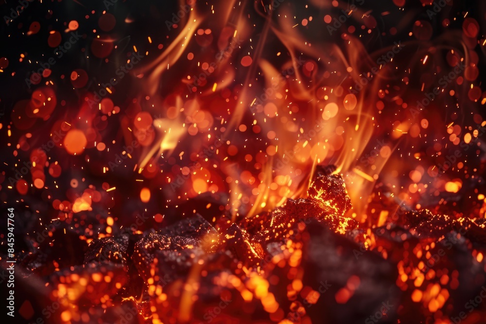 Poster a close-up shot of a fire with numerous sparks flying out, ideal for use in scenes where light and h