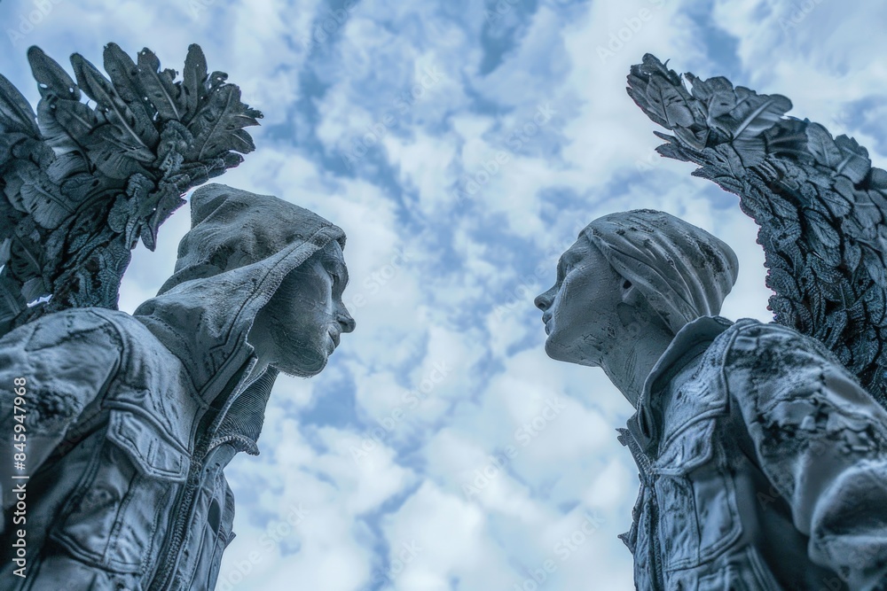 Poster two stone statues standing side by side in an outdoor setting