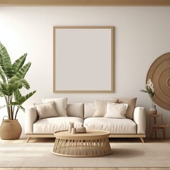 Minimalist living room with cozy white sofa, indoor plants, and blank picture frame on light wall. Modern interior design concept mockup that is perfect for showcasing your own designs.