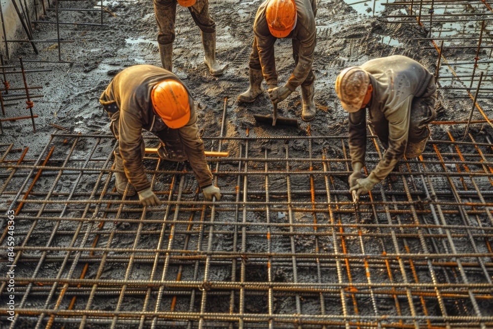 Poster a group of men working together on a busy construction site, with tools and equipment scattered arou