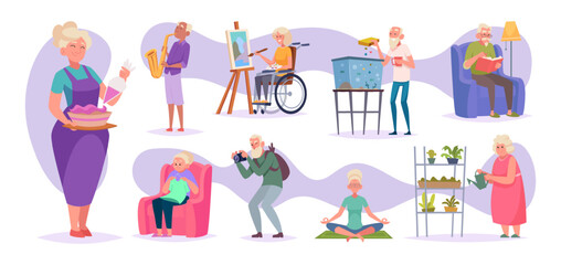 Pensioner hobby. Elderly male and female characters different occupation at home reading books making yoga working on computer exact vector cartoon characters