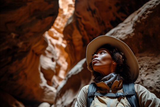 Woman gazing upward in canyon exploration. Generative AI image