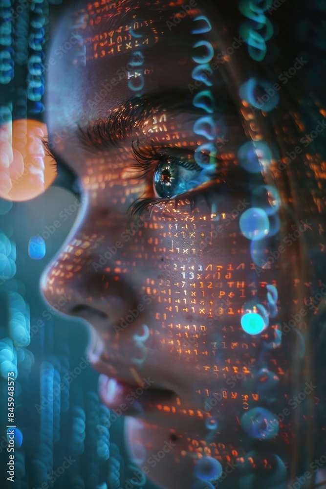 Aufkleber A person's face with a computer screen in the background, suitable for use as an illustration for technology-related topics or themes