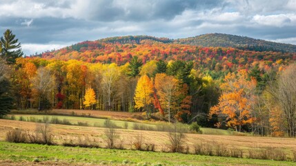 Naklejka premium Trees and hills create a picturesque scene on a fall day