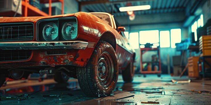 A rusty old car stored in a garage with cobwebs and dust