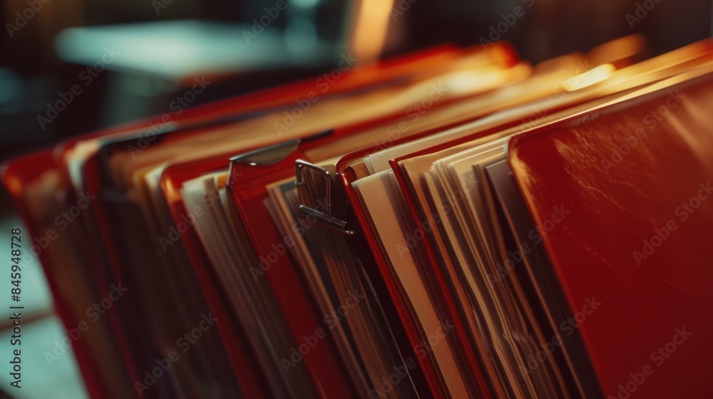 Poster a group of red folders stacked on a table, suitable for office or organizational use