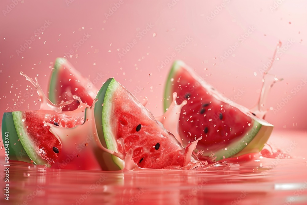 Aufkleber fresh watermelon slices dropping into a calm body of water, creating ripples and splashes