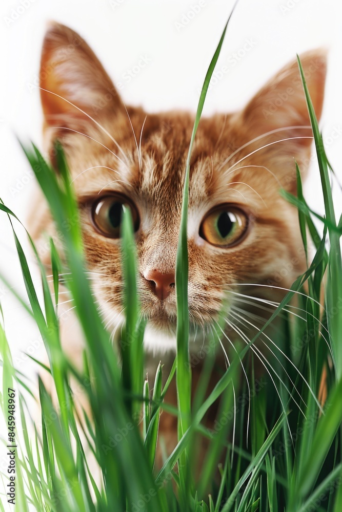 Poster a close-up photo of a cat sitting in a lawn, possibly relaxing or enjoying the scenery