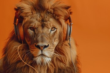 Naklejka premium Close-up shot of a lion wearing headphones