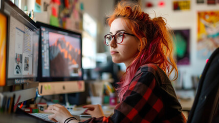 Young Gen-z woman with pink hair working as a graphic designer for a video game company at her desktop computers.