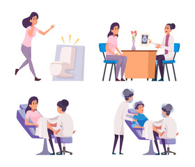 Pregnancy stages. Maternity planning gynecologist examining before childbirth in medical clinic exact vector pregnancity concept pictures