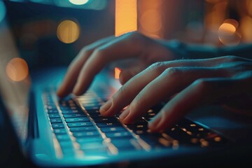 A close-up shot of a person typing away on their laptop