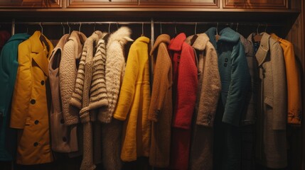 Row of coats hanging in a closet
