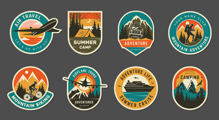 Travel badges. Worldwide outdoor exploration logo adventure time to travel on bike camping car airplane or ship recent vector hiking and climbing badges