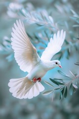 Obraz premium A peaceful scene of a white dove soaring through the air, its wings outstretched