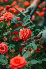A person holding a pair of scissors cuts a stem of flowers in a garden or indoor setting