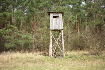 A deer hunting pulpit at the edge of a forest.