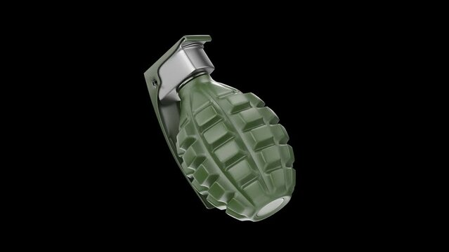 Fragmentation hand grenade spinning on a black background
