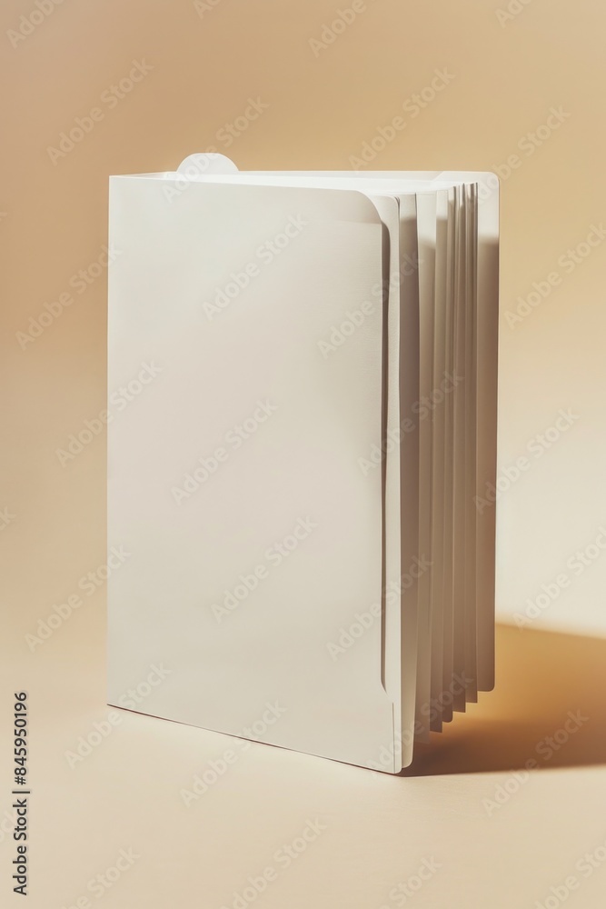 Poster a collection of white folders stacked on a table, possibly containing documents or files