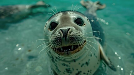 A close-up shot of a seal swimming in the water