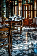 A standard dining room setup with multiple tables and chairs