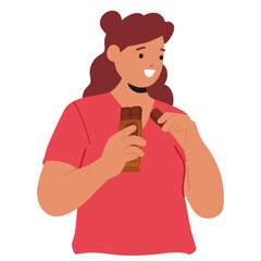Woman Happily Eating A Chocolate Snack. Vector Image Embodies A Sense Of Joy And Satisfaction, Enjoying Small Pleasures