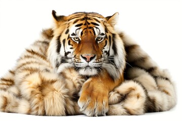 Obraz premium Striking tiger appears to wear a fur coat, creating a unique and glamorous image with a powerful wildlife theme on a white background