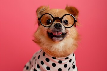 Adorable, fluffy dog wearing round glasses and a chic polka dot shirt poses humorously against a vibrant pink background