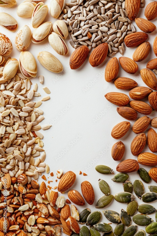 Poster A colorful arrangement of various nuts and seeds in a circular pattern, perfect for food displays or as a decorative element