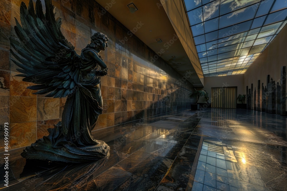 Poster a close-up view of an angelic figure standing on a marble floor, with a serene expression