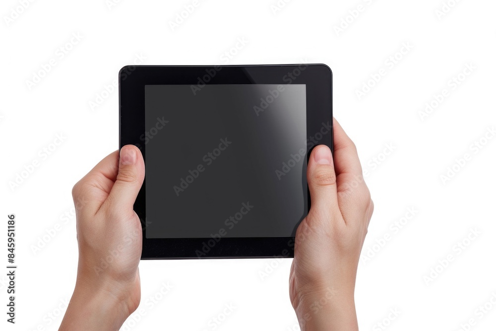 Poster a person holds a tablet computer in their hands