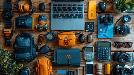 A flat lay of a desktop with various products, shopping cart icons, and a credit card, representing e-commerce transactions