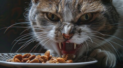 A close-up shot of a cat enjoying its meal on a plate