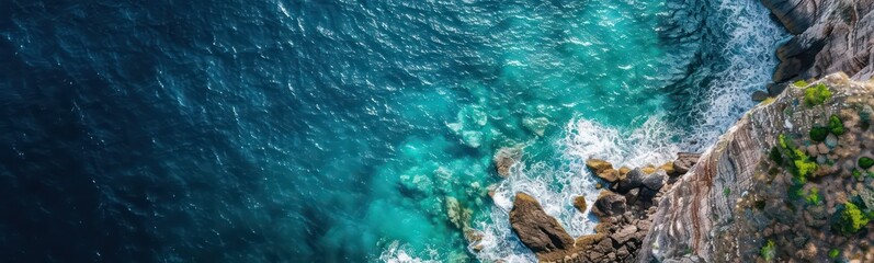 Aerial view Top down seashore. Waves crashing on rock cliff. Beautiful dark sea surface in sunny day summer background Amazing seascape top view seacoast at Intendance Beach