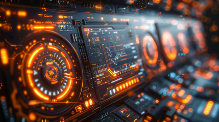 The image is of a futuristic control panel with orange and blue lights. The control panel is filled with various buttons and gauges, giving the impression of a high-tech, advanced system